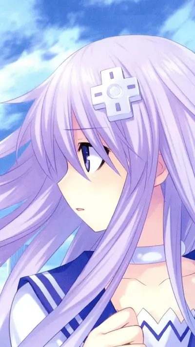 Purple-haired girl with a cross-shaped accessory