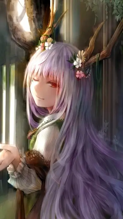 Purple-haired girl with antlers and flowers