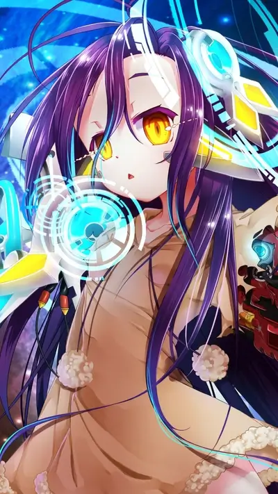 Purple-haired girl with golden eyes, futuristic headgear, and tech elements
