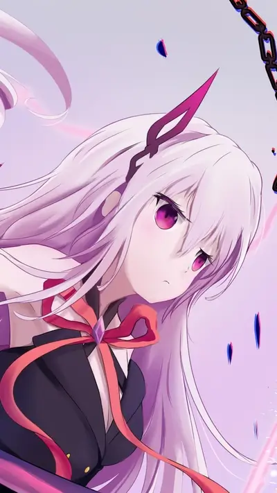 Purple-haired girl with horns and chains