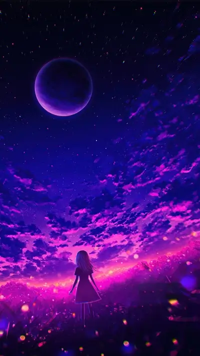 Purple-pink surreal scene with a girl looking up at a planet in a starry sky