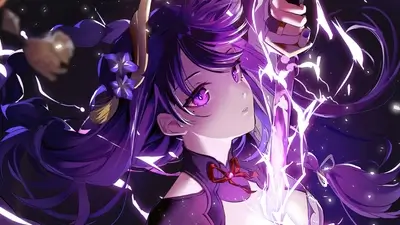 Raiden Shogun, gripping sword, anime character with striking purple hues