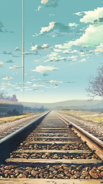 Railway tracks leading to the horizon with a scenic sky