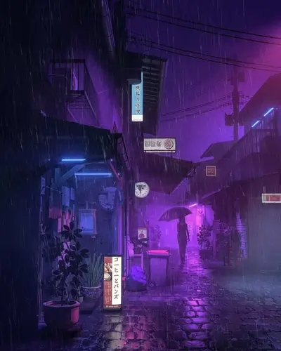 Rain-soaked street with neon signs, an umbrella, and a cafe sign.