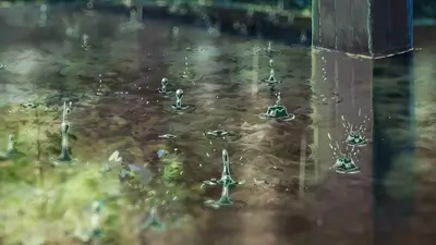 Raindrops splashing into a puddle on a rainy day