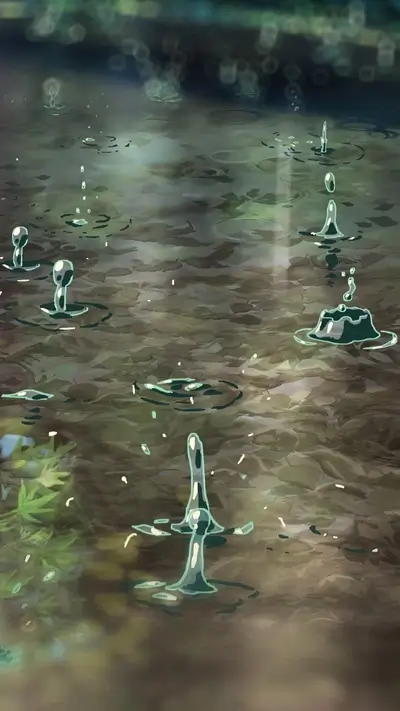 Raindrops splashing into a tranquil puddle of water