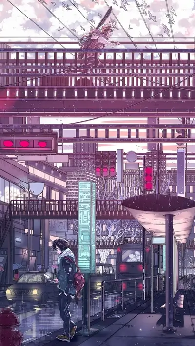 Rainy city day, person waiting at a bus stop