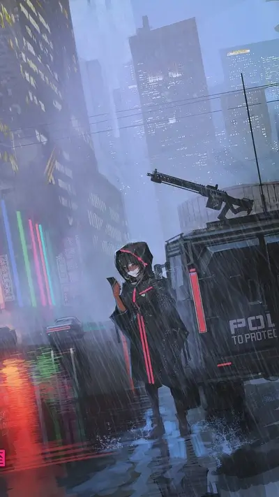 Rainy city night scene, girl with phone, armed vehicle