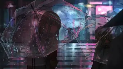 Rainy city scene with two figures under transparent umbrellas at night