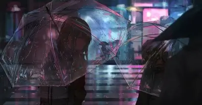 Rainy city scene with two individuals under transparent umbrellas