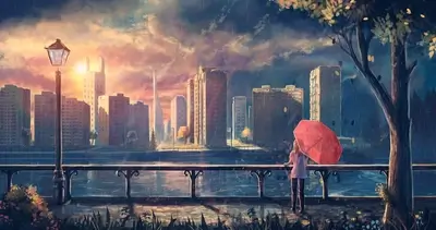 Rainy city scenery, girl under umbrella