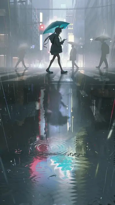 Rainy city street, girl with umbrella