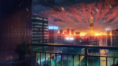Rainy cityscape at sunset