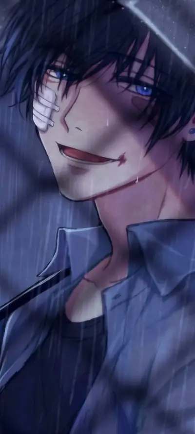 Rainy day, boy with bandages and cuts