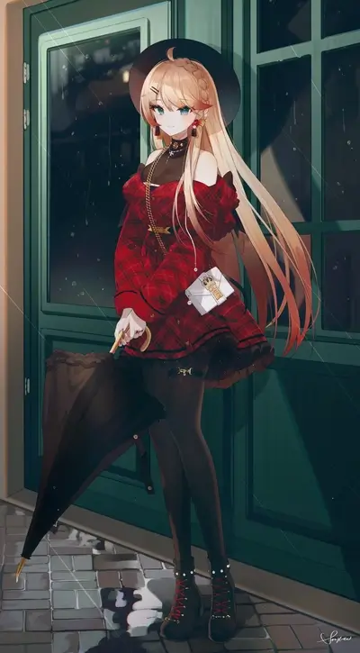 Rainy day girl in red plaid dress