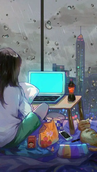 Rainy day, girl with laptop, cat