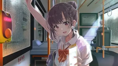 Rainy day, schoolgirl on a bus, holding a phone