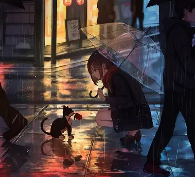 Rainy evening on city street, girl shares umbrella with cat with rose