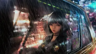 Rainy night, city lights, girl in a taxi