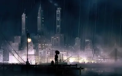 Rainy night cityscape, lone figure on a pier