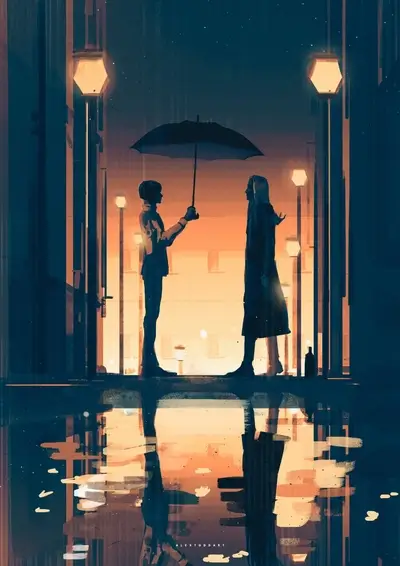Rainy night, couple sharing umbrella, city lights reflect in puddles