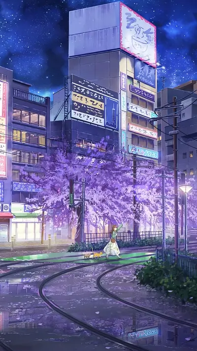 Rainy night in a Japanese city street, girl walking with cats under cherry blossoms