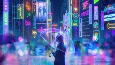Rainy night in a neon-lit city street, person with umbrella