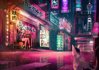Rainy night in a vibrant city street