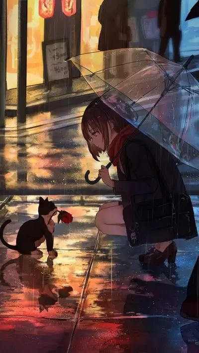 Rainy night scene with a girl under an umbrella and a cat with a rose
