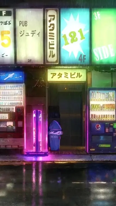Rainy night street scene with vibrant neon signs