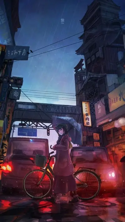 Rainy street scene with a girl and bicycle