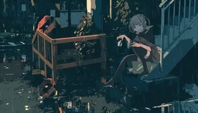 Rainy urban scene, girl sitting on stairs with drink, pensive mood and atmosphere