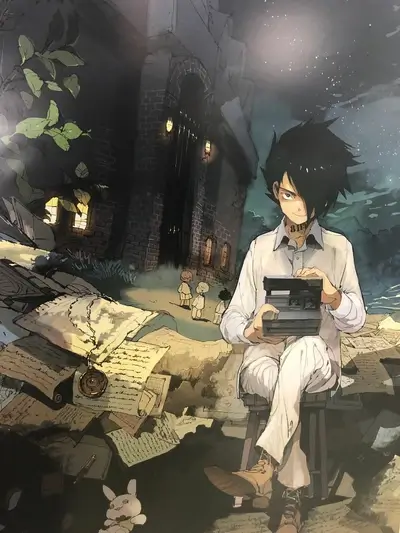 Ray holding a polaroid camera while sitting outdoors at night