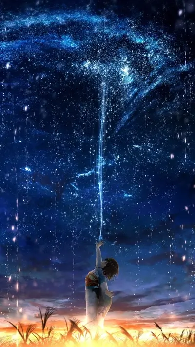 Reaching for a shooting star against a dark blue starry sky