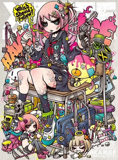 Rebellious girl surrounded by chaotic objects