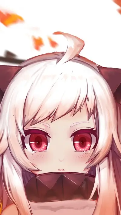 Red-eyed anime girl with tears, looking up, white hair