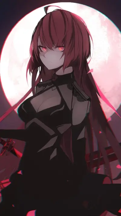 Red-eyed woman with crimson hair under full moon, wielding sword