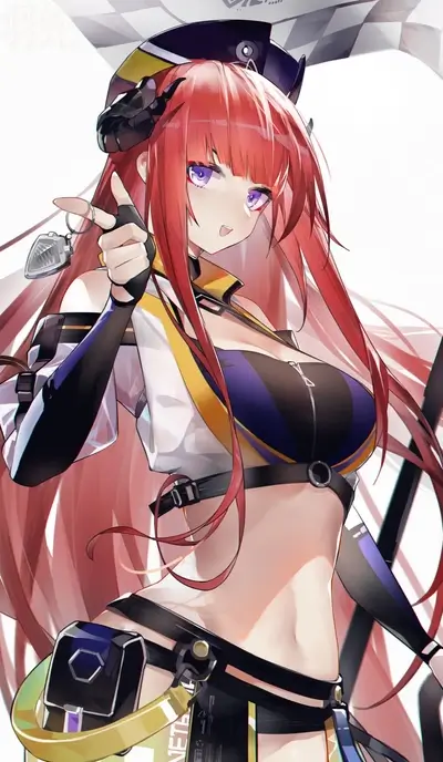 Red hair female racer in racing outfit