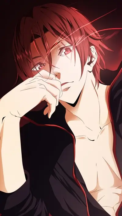 Red-haired anime character gazes intensely with hand near face, black jacket showing chest