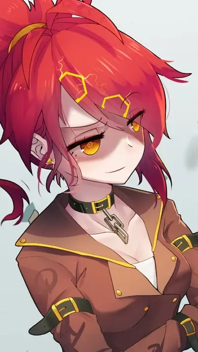 Red-haired anime girl with a smug look and detailed jacket