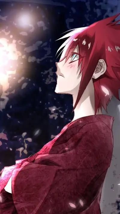 Red-haired boy in red kimono, looking up at a light