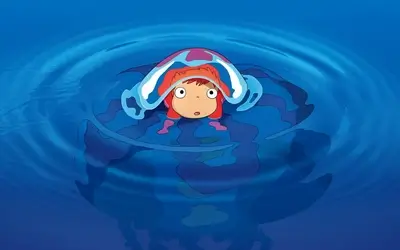 Red haired character floating inside a jellyfish bubble in blue ocean