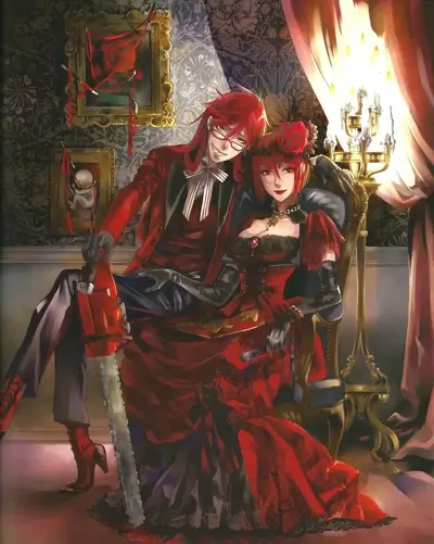 Red-haired couple in elegant Victorian attire, holding a chainsaw