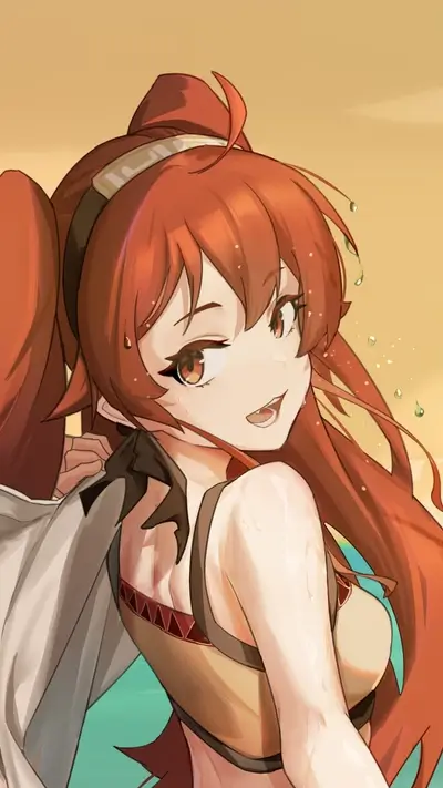Red-haired girl at beach, holding white robe and looking back