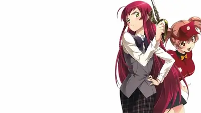 Red haired girl holding sword with fast food worker standing behind