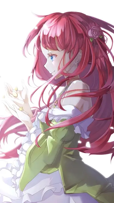 Red-haired girl in green dress holds glowing specks in her hands