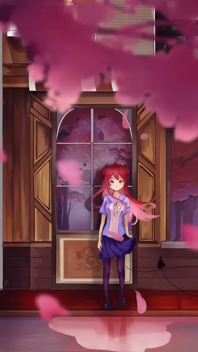 Red-haired girl in school uniform stands before a large window in a vintage room