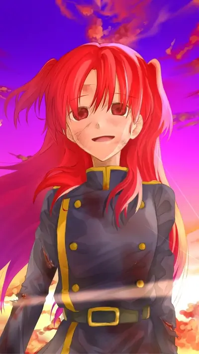 Red-haired girl in uniform, looking determined against a vibrant sunset