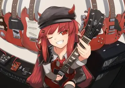 Red-haired girl playing guitar surrounded by other guitars