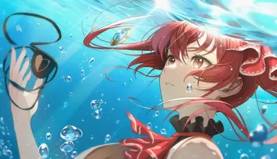 Red-haired girl underwater holding a heart-shaped object